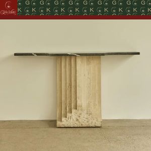 <span class=keywords><strong>Table</strong></span> <span class=keywords><strong>console</strong></span> moderne en travertin GOLDKING avec plateau en marbre foncé et base en pierre beige, meuble d'entrée, design personnalisé, directement de l'usine - Product Image 4
