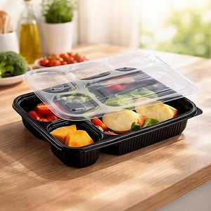 Boîtes à lunch jetables en PP noir personnalisées, <span class=keywords><strong>5</strong></span> compartiments, plateau pour repas au micro-ondes, contenants alimentaires en plastique à emporter - Product Image 1
