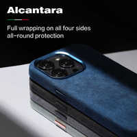 Étui de luxe en Alcantara pour iPhone 18/17/16/15/14/13/12 Pro Max avec fonction portefeuille et support pour objectif d'appareil photo