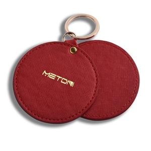Custom Round Shape Cosmetic Pocket PU Leather Vanity Mirror Keychain Decorative Mini Mirror - Product Image 1