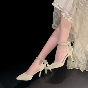Cheongsam français talons hauts pour femmes nouveau Style d'été fée princesse cheval visage jupe pointu creux sandales-semelle intérieure en PU 5cm 8cm - Product Image 4