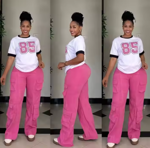 Moda calda vendita due 2 pezzi Set abbigliamento <span class=keywords><strong>donna</strong></span> completo girocollo da <span class=keywords><strong>donna</strong></span> ampia manica corta t-shirt e pantaloni <span class=keywords><strong>Cargo</strong></span> - Product Image 2