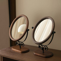 Vintage Solid Wood Foldable Round Standing Magnifying Personalized Makeup Vanity Mirror with Rotatable Desktop Design