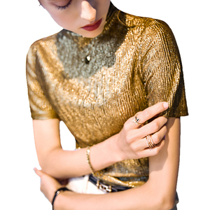 Fashion Style Women Short Sleeve t Shirts Mock Neck Slim <strong>Sequins</strong> Gold <strong>Tops</strong> Summer Clothing Custom <strong>Plus</strong> <strong>Size</strong> Lady Shirt - Product Image 5