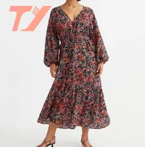 TUOYI Sexy Side Split Long Bell Sleeve V-neck Elegant Floral Flower Print Wrap-over Autumn Belt Waist Maxi Dress For Women