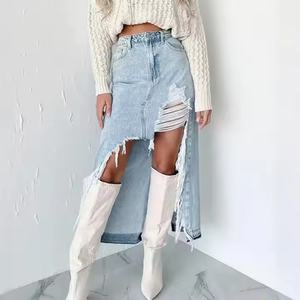 Jupe en jean pour femme, prix de gros, simple, droite, 100% coton, vintage, délavée à l'acide, longue, effet usé - Product Image 4