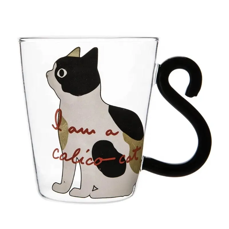 Transparent Cute Cat Kitty Shape Decal Borosilicate Borosilicate Double Wall Coffee Big Beer Glass Mugs With Handle