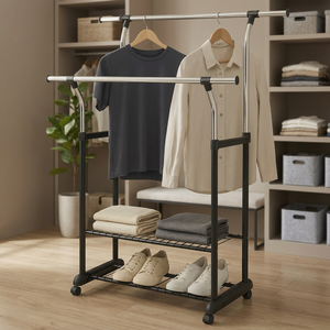 Dual-Layer Extendable Durable Clothes <b>Rack</b> with Rolling Storage Two Wire <b>Shelves</b> Space-Saving Organizer for Home Laundry - Product Image 2