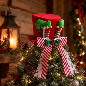 Offre Spéciale : Ensemble de Décorations de Sapin de Noël en Feutre Rouge – Nœud en Ruban Rayé Rouge et Blanc, Ornements Classiques en Peluche pour Noël - Product Image 3
