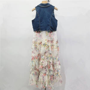 Vestido <span class=keywords><strong>GX</strong></span>-2026 con Chaleco Vaquero, Tela de Malla Estampada con Parches, Falda Midi Tipo Pastel, Vestido Largo Abullonado para Mujer - Product Image 3