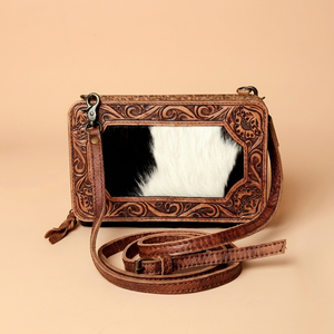 Western Embossed Animal Print Leather <b>Tassel</b> Crossbody Messenger Bag Cowhide Fur Insert Polyester Lightweight Classic Vintage - Product Image 1