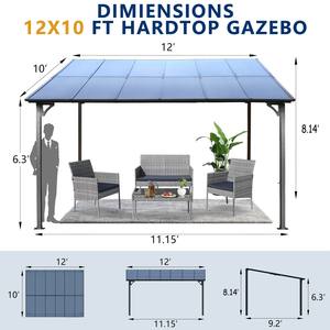 10x12FT Moderne Écologique Mural Extérieur Pergola Gazebo Toit En Polycarbonate Robuste En Métal Lean-To Mobilier D'extérieur - Product Image 6