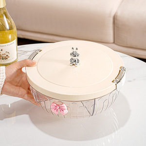 Fruit Bowl With Lid Round Plastic Container Creamy White Bow Rabbit Decor Snack Storage For Living Room Coffee Table - Product Image 2