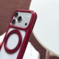 Coque de téléphone bordeaux avec support magnétique pour iPhone 15 16 17 18 Pro Max, dos transparent et pare-chocs à coussin d'air