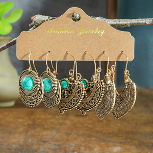Boucles d'oreilles pendantes tendance en alliage plaqué or antique avec turquoise sertie clos, style bohème, pour femme - Product Image 1