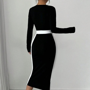 Robes moulantes élégantes et tendance pour femmes, col carré, manches longues, patchwork - Product Image 5