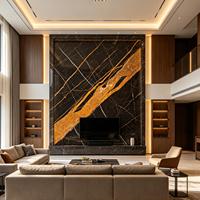 Dalle de marbre noir spectaculaire avec veines dorées audacieuses, finition polie, design moderne et luxueux pour espaces de restauration intérieurs et bureaux de direction