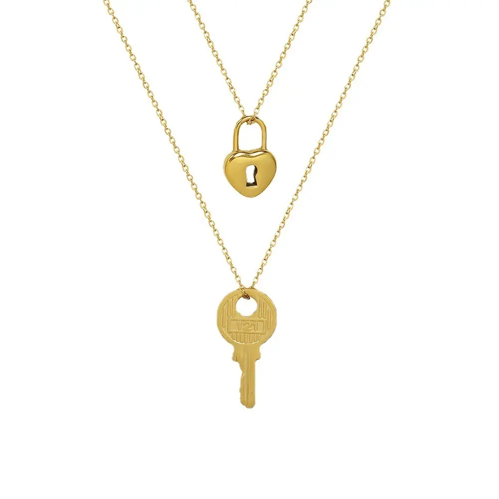 High Quality Stainless Steel Couple Key And Lock Pendant Necklace Personality 18k Gold Plated Clavicle Chain Necklace For Couple