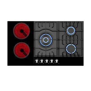 Estufa <span class=keywords><strong>de</strong></span> Inducción Híbrida <span class=keywords><strong>de</strong></span> <span class=keywords><strong>Gas</strong></span> y Eléctrica con Panel <span class=keywords><strong>de</strong></span> Vidrio <span class=keywords><strong>de</strong></span> 5 Quemadores para Uso en Hoteles y Hogares, Diseño Integrado, Color Negro - Product Image 1