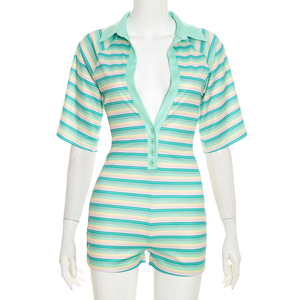 Viviblook Y26RP283 <b>Women</b> <b>Romper</b> Autumn New Striped Print Deep V-Neck Short Sleeved Slim Fit Casual One Piece <b>Romper</b> - Product Image 2