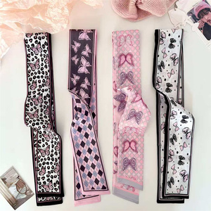 Écharpe fine à pois géométriques léopard noire et <span class=keywords><strong>rose</strong></span> style coréen pas chère pour femme, écharpe longue à ruban imprimé double face - Product Image 1