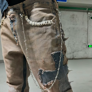 Men's High Quality Vintage <b>Jeans</b> Custom Mid Waist Straight Flat Distressed Wash Highstreet Breathable Zipper Fly for <b>Work</b>/Casual - Product Image 3