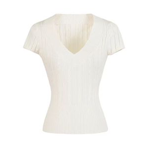 V-Neck Short-Sleeve Knit T-Shirt Top for Women Slim Fit Sexy/Versatile Style - Product Image 2
