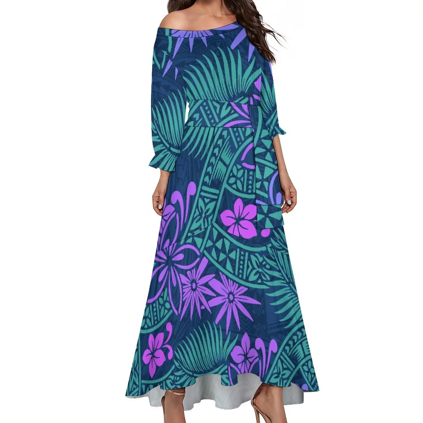 wholesale new puletasi samoan dresses women elegant long fishtail dress custom print polynesian island party prom dresses