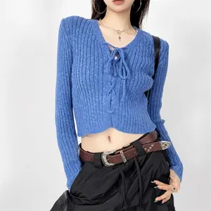 2023 Autumn New Girls V-neck Lace Up Short Knitwear Women's Thick Slim Long Sleeve Sweater Cardigan