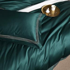 刺绣深绿色蓝色羽绒被套高级柔软埃及棉双人大床床单枕套床上用品套装 - Product Image 5