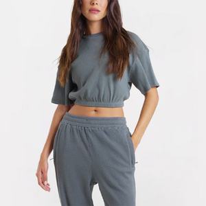 T-shirts pour femmes en gros, personnalisés, été, ourlet élastique, col rond, t-shirt en gaufre respirant, t-shirt court pour femmes - Product Image 1