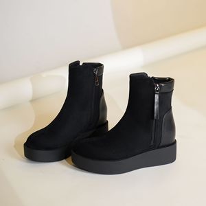 Bottines à talon compensé en cuir suédé pour femmes, bout rond, avec fermeture éclair latérale, bottines à la mode d'automne, Y91236 - Product Image 1