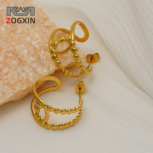 ZOGXIN Gold Geometric Hoop Earrings C Shape Beaded Design Fashion Stud Earrings - Product Image 1