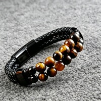 Bracelet vintage en acier inoxydable avec fermoir magnétique, bracelet en cuir tissé avec pierre œil de tigre, bracelet de mode pour homme, idéal pour un cadeau