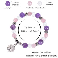Bracelet unisexe en perles de pierres précieuses de 8 mm plaqué or 18 carats, fait main, avec pendentif Arbre de Vie triple protection, motif boule Aonaya