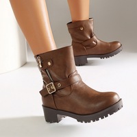 Bottines mi-mollet à double boucle et fermeture éclair latérale en cuir vintage, talon bloc, pour tenue rétro quotidienne, bottes pour femmes