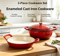 Ensemble de batterie de cuisine en fonte émaillée 2 pièces, compatible four, comprenant faitout et poêle, pour cuisinières à induction et à gaz