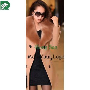 Abrigo cruzado con cuello de piel grande para mujer Lana <span class=keywords><strong>artificial</strong></span> de sección larga para mujer - Product Image 2