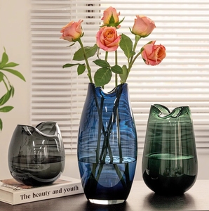 Jarrón de cristal azul de alta gama para sala de estar, grande, transparente, para flores secas, de lujo ligero, con diseño de caballo y madera, para plantas verdes - Product Image 5