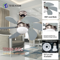 Ventilateur de plafond TS30-6CL 30 pouces avec lumière |   6 pales en MDF, 1 support de lampe E27, commande par cordon, AC50W DC30W 110-240V