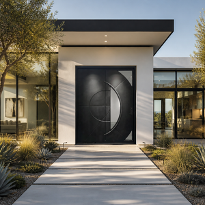 Porta Pivotante Moderna Personalizzata in Acciaio Nero Opaco a Tutta Altezza con Intagli in Vetro Geometrici e Maniglia a C per Case di Lusso - Product Image 6