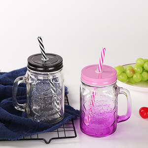 Customized Drinking Empty Bottle <strong>Tumbler</strong> 4 8 10 12 16 24 32 Oz Wide Mouth Round Mug Glass <strong>Mason</strong> <strong>Jars</strong> With Lid Handle Straw - Product Image 2