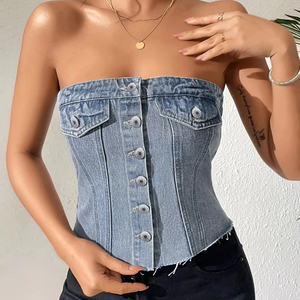 Top Corto de Mezclilla sin Tirantes para Mujer - Top Casual de Otoño a la Moda - Product Image 2