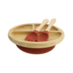 Vente en gros d'usine de vaisselle en fibre de bambou pour bébé manche en bois fourchette cuillère en silicone ensemble de plaques d'aspiration pour enfants - Product Image 6