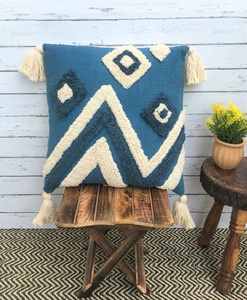 Bohemian Square <b>Cushion</b> Cover Blue <b>White</b> Geometric Knitted Handmade Wool Acrylic Decorative Pillow With Tassels - Product Image 1