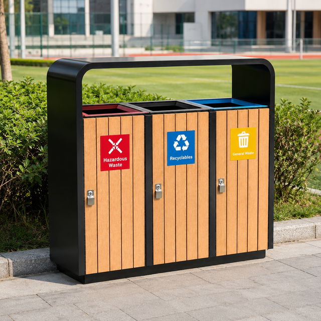 Outdoor 3 Compartment Metal Recycling Trash Can with WPC Slats Waste Sorting Bin for Parks Schools and Commercial Public Spaces