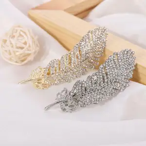 Vendita calda oro pieno diamanti foglia bling grande fermaglio per capelli mollette bordo piuma testa clip laterale ornamento clip tornante per le donne della sposa