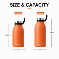 Bouteille d'eau isotherme grande capacité 1500 ml avec poignée de transport, goulot large, en acier inoxydable, bouteille de sport, logo personnalisé, vente en gros