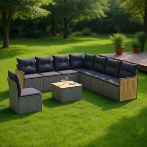 Ensemble de canapés de jardin en polyrotin gris 9 pièces avec coussins, mobilier d'extérieur au design contemporain, panneaux en bois de teck - Product Image 2