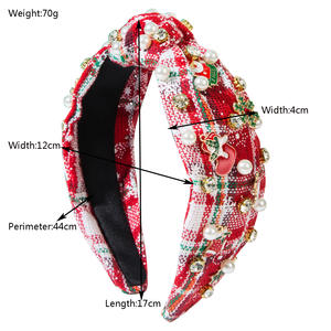 Vintage <strong>Tartan</strong> Plaid Fabric Knot <strong>Headband</strong> Pearl Rhinestone Christmas Hair Accessories - Product Image 6